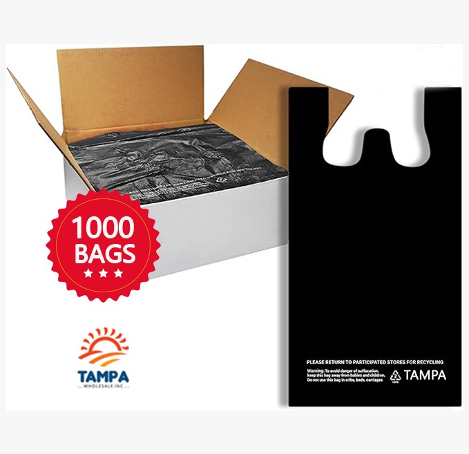 Tampa T-Shirt Bags – 1000 Count Black Plastic Grocery Bags (11.5" x 6.5" x 21") – Durable & Reusable Shopping Bags for Grocery, Retail, Restaurants, Takeout (Plain)