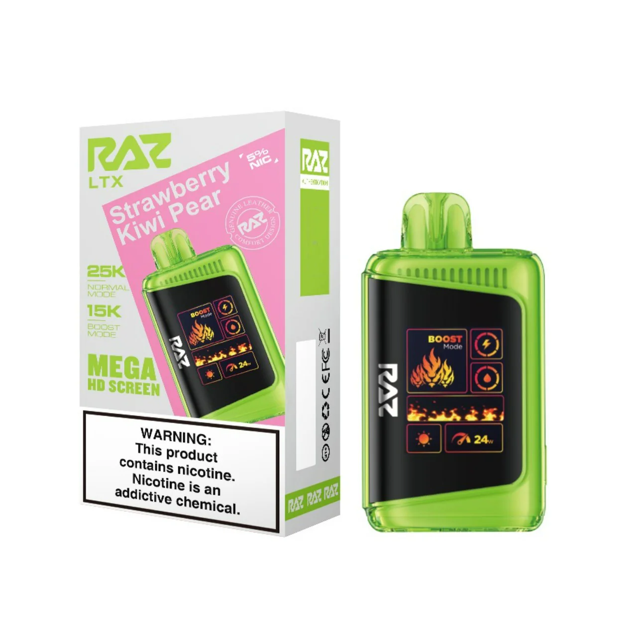 RAZ LTX Strawberry Kiwi Pear 25K Disposable Vape – 25,000 Puffs, Dual Mesh Coil, 5% Nicotine, Turbo Mode, USB-C Rechargeable, LED Smart Display – Sweet Strawberry, Tart Kiwi & Juicy Pear Blend
