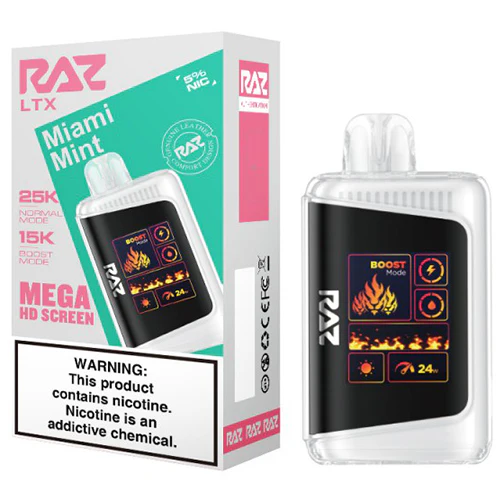 Raz LTX25K Puff Disposable Vape Miami Mint Flavor | Fresh Mint & Menthol Blend 25,000 Puffs, USB-C Rechargeable, Pre-Filled E-Liquid | Cool, Smooth High-Capacity Nicotine Vape Pen for Adults