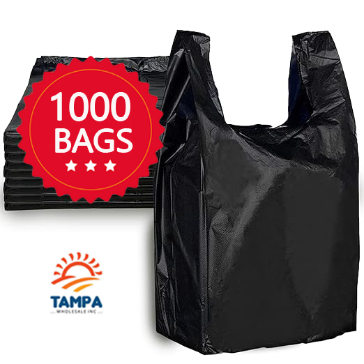 Tampa Curry Shopping Bags with Handle – 1000 Count Black Plastic Grocery Bags (11.5" x 6.5" x 21") – Durable & Reusable Shopping Bags for Grocery, Retail, Restaurants, Takeout (Plain)