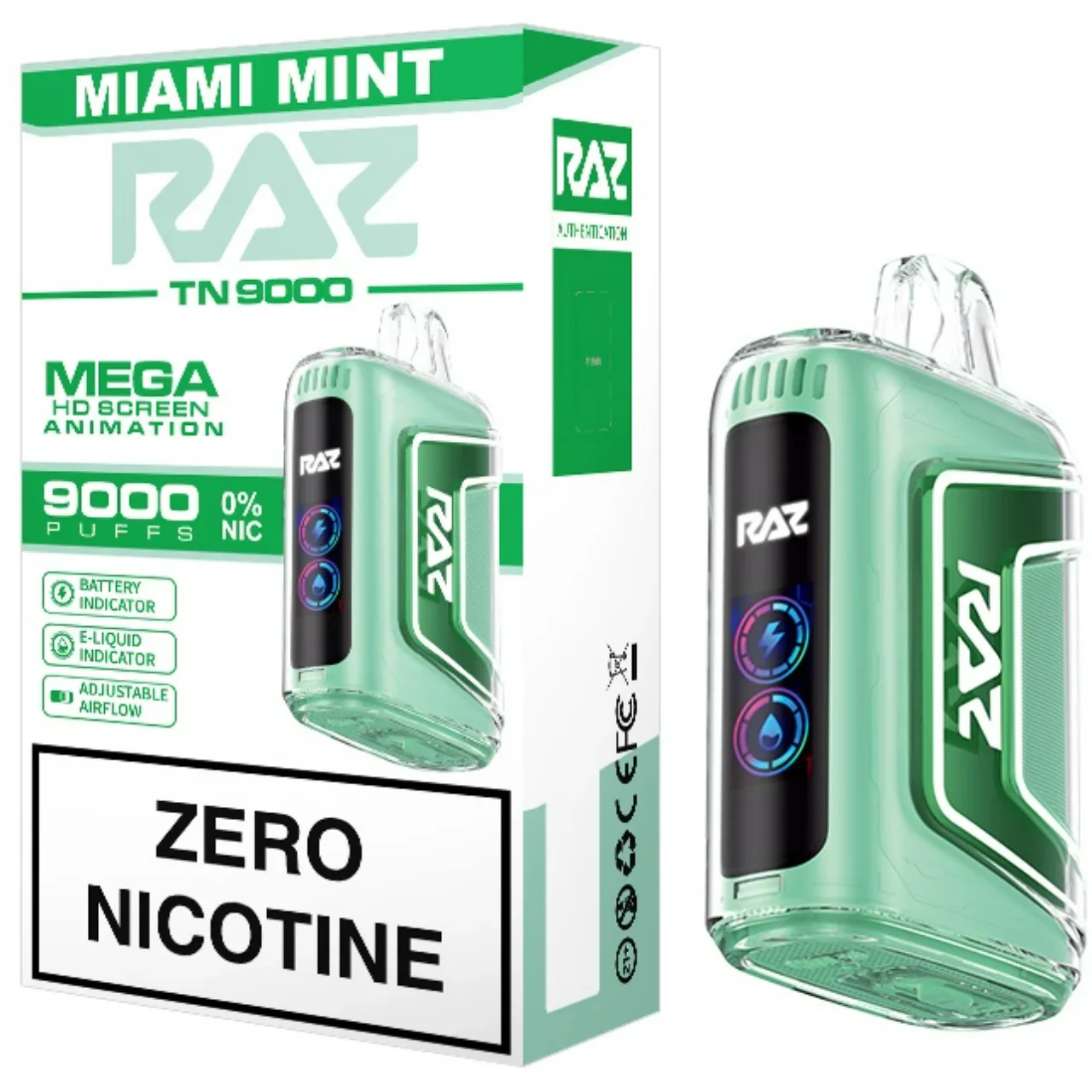 RAZ TN 9000 Miami Mint Disposable Vape – 9,000 Puffs, 0% Nicotine, Dual Mesh Coil, USB-C Rechargeable – Refreshing Cool Mint Flavor