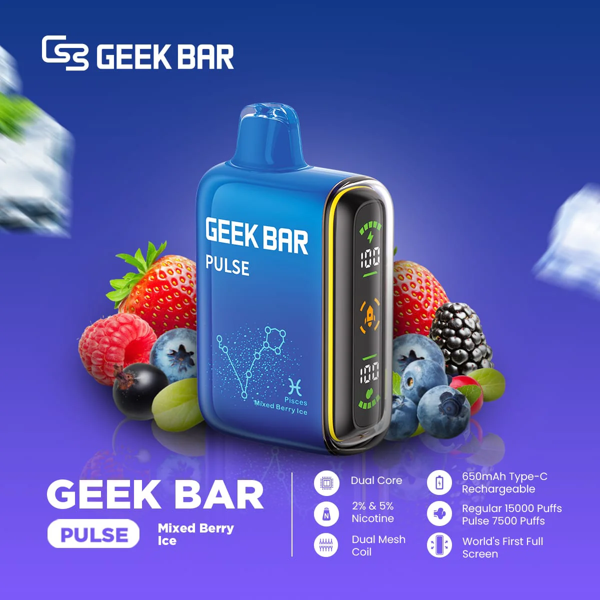Geek Bar Pulse 15000 Puff Disposable Vape – Blueberry Watermelon Flavor – Rechargeable E-Cigarette with Dual Mesh Coil – Smooth Fruity Puffs – Authentic, Leakproof Design