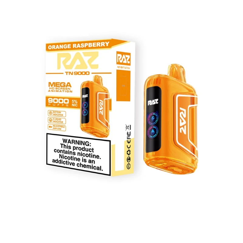 Raz TN9000 Puff Disposable Vape Orange Raspberry Flavor | Tangy Orange & Sweet Raspberry Blend 9,000 Puffs, USB-C Rechargeable, Pre-Filled E-Liquid | Zesty, Fruity Nicotine Vape Pen for Adults