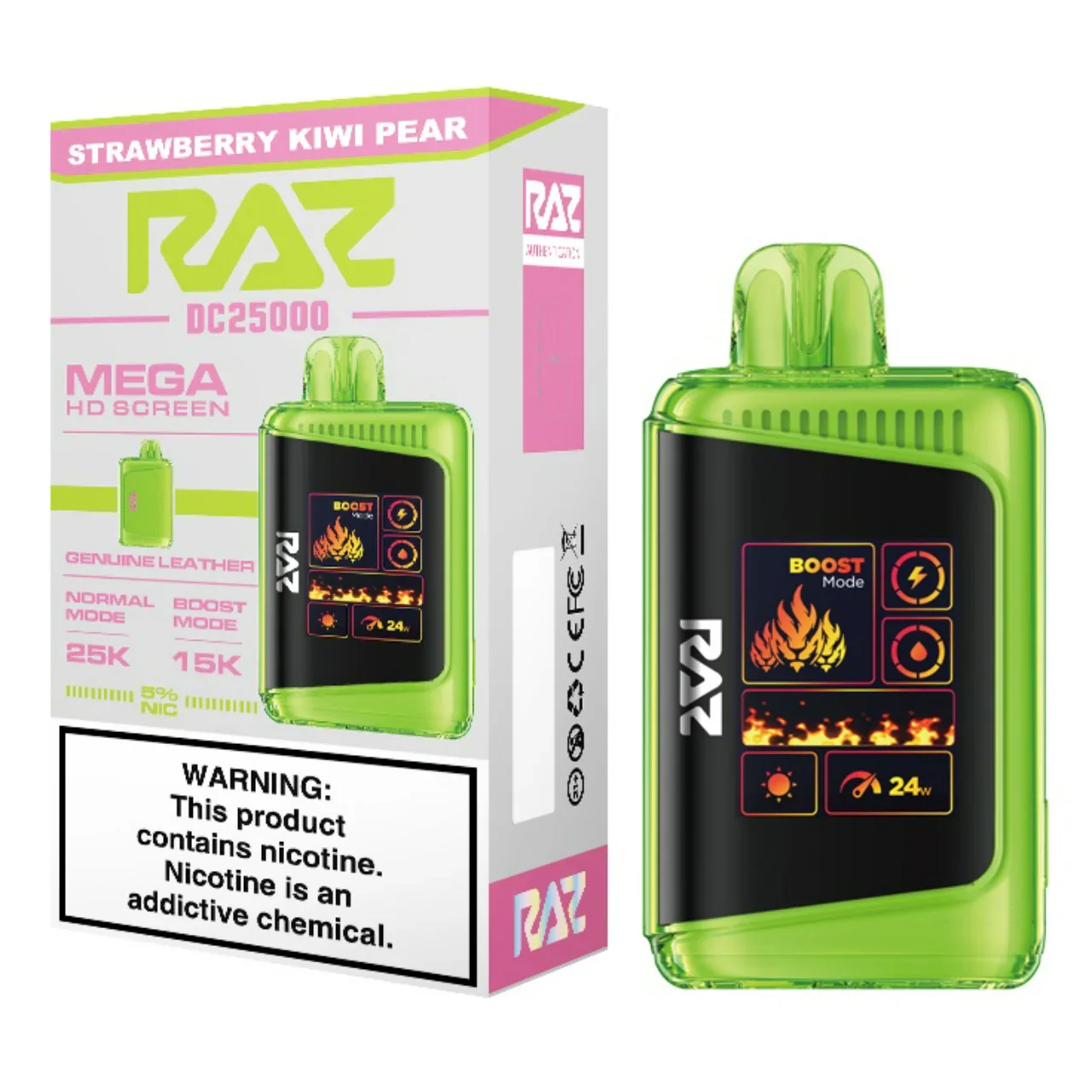 RAZ 25K Strawberry Kiwi Pear Disposable Vape – 25,000 Puffs, Dual Mesh Coil, 5% Nicotine, Rechargeable E-Cigarette with LED Screen & Turbo Mode – Sweet Strawberry, Tangy Kiwi & Juicy Pear Flavor