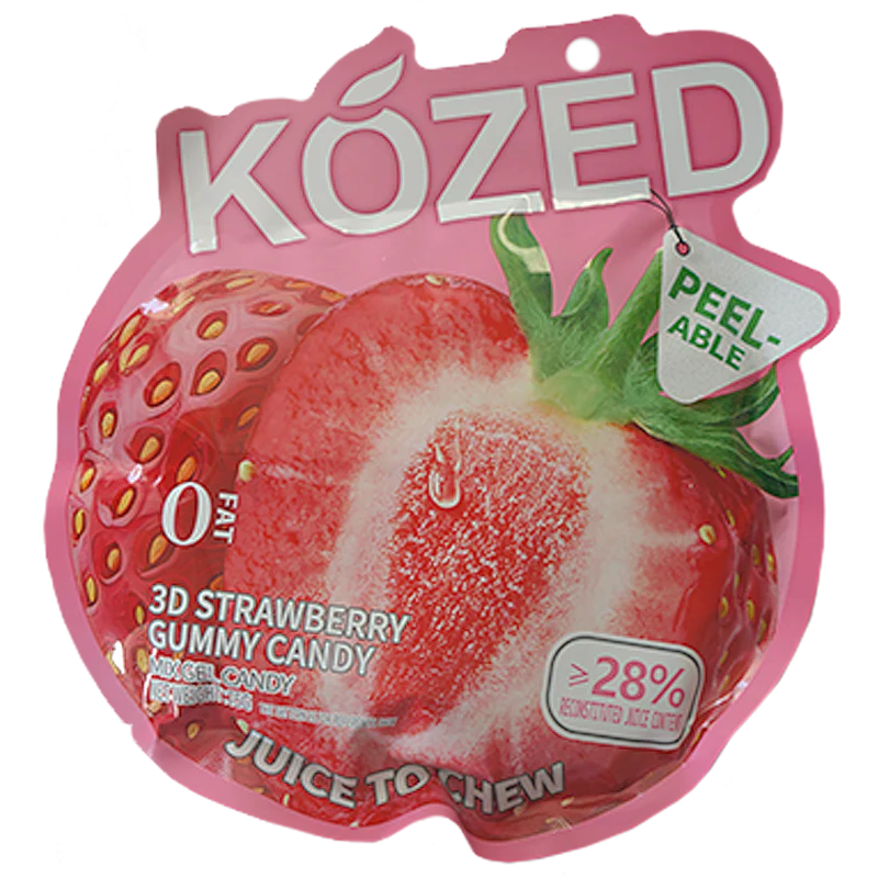 Kozed 3D Strawberry Gummy Candy – Realistic 3D Shape, Juicy Strawberry Flavor, Soft Chew, Resealable Pack, Made with Real Fruit Juice