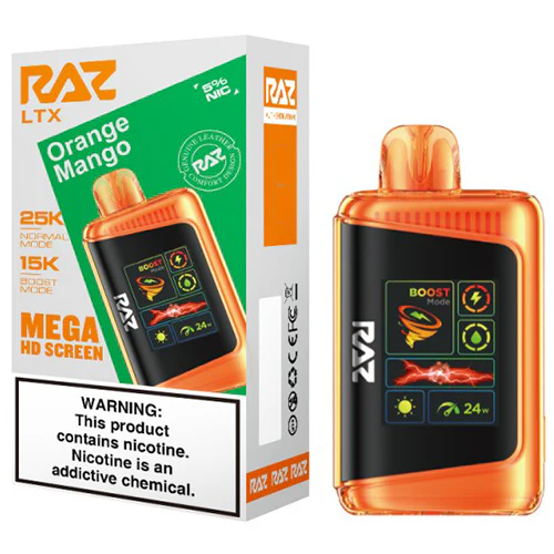 RAZ LTX Orange Mengo 25K Disposable Vape – 25,000 Puffs, Dual Mesh Coil, 5% Nicotine, Rechargeable Vape with Turbo Mode & LED Smart Display – Tropical Mango & Citrus Fusion Flavor
