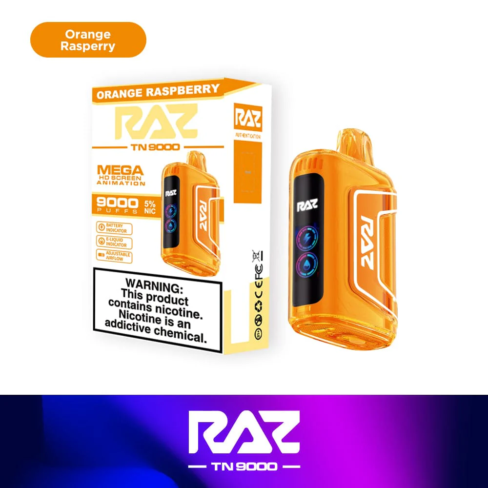 RAZ TN 9000 Orange Raspberry Disposable Vape – 9,000 Puffs, 5% Nicotine, Dual Mesh Coil, USB-C Rechargeable – Tangy Citrus & Sweet Berry Fusion Flavor