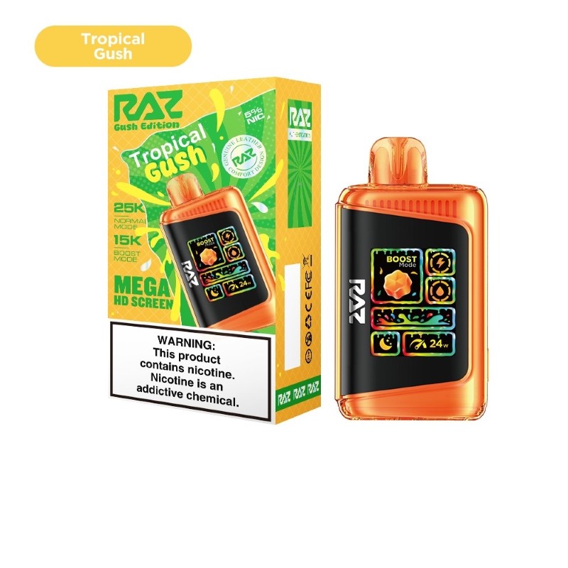 Raz Tropical Gush Ltx25K Disposable Vape – 25,000 Puffs, 5 Count Box, Rechargeable, Tropical Fruit Flavor, 5% Nicotine, Smooth Draw, Leak-Proof Design