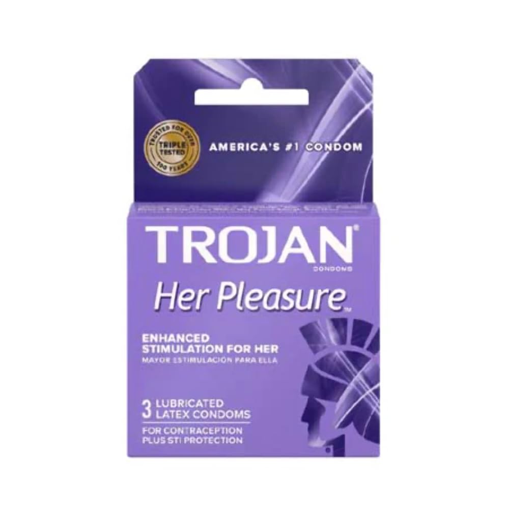 Trojan Her Pleasure Condoms 3 Count – Designed for Her Stimulation – Premium Latex, Lubricated for Comfort – Tapered Fit for Him – Individually Wrapped – Purple Box