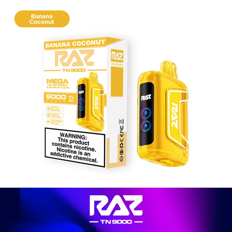 Raz 9000 Puff Disposable Vape – Banana Coconut Flavor – Long-Lasting 9000 Puffs | Rechargeable, Pre-Filled E-Liquid, Smooth Nicotine Hit, No Refills Needed | Premium Vape Pen for Adults
