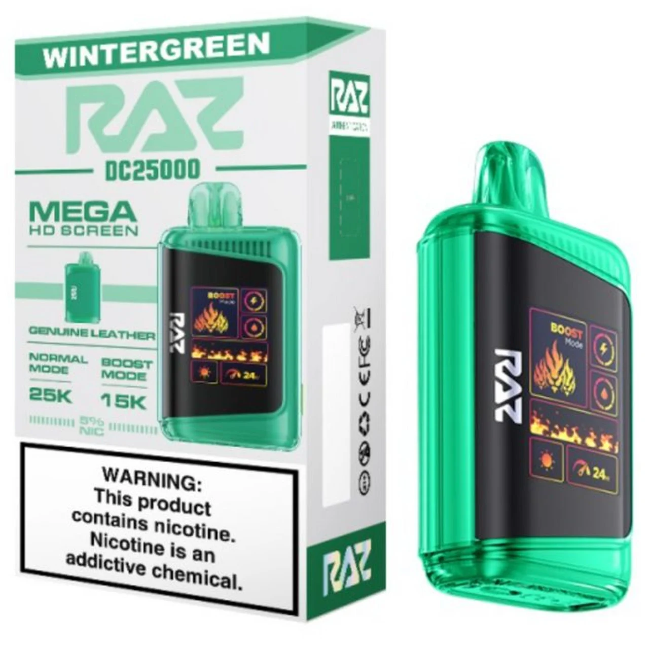 Raz LTX25K Puff Disposable Vape Wintergreen Flavor | Crisp Wintergreen Mint Blend 25,000 Puffs, USB-C Rechargeable, Pre-Filled E-Liquid | Cool, Refreshing High-Capacity Nicotine Vape Pen for Adults