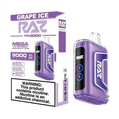 Raz TN9000 Puff Disposable Vape Grape Ice Flavor | Sweet Grape & Menthol Blend 9,000 Puffs, USB-C Rechargeable, Pre-Filled E-Liquid | Cool, Fruity Nicotine Vape Pen for Adults