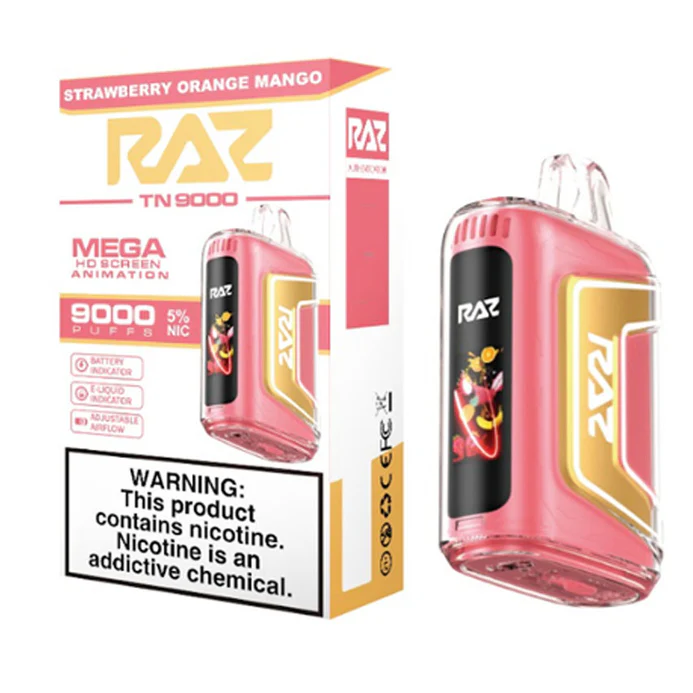 RAZ TN 9000 Strawberry Orange Mango Disposable Vape – 9,000 Puffs, 5% Nicotine, Dual Mesh Coil, USB-C Rechargeable – Juicy Fruit Blend of Strawberry, Citrus & Mango