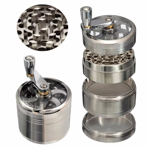 Grinder MG-071 with Metal Handle – 4-Piece Manual Herb Grinder with Hand Crank – Aluminum Alloy, Sharp Teeth, Magnetic Lid & Kief Catcher – Easy-Grind Smoking Accessory