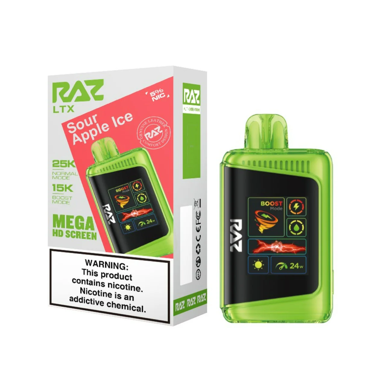 RAZ LTX Sour Apple Ice 25K Disposable Vape – 25,000 Puffs, Dual Mesh Coil, 5% Nicotine, Turbo Mode, USB-C Rechargeable, LED Smart Display – Crisp Sour Apple with Icy Menthol Finish