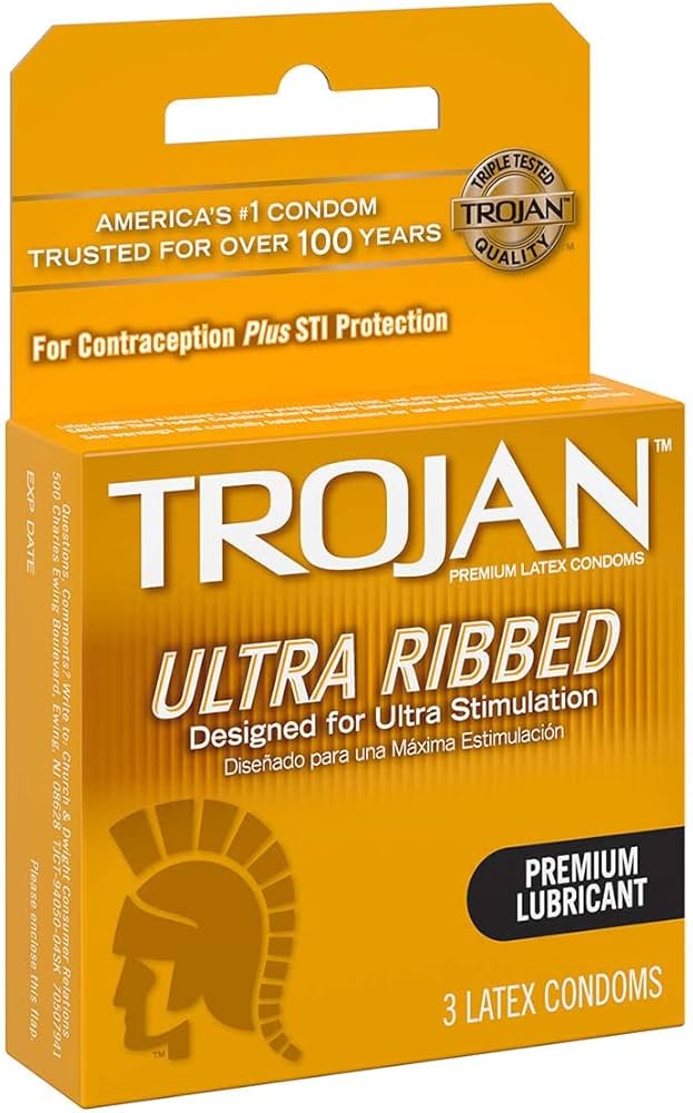 Trojan Ribbed Condoms 3 Count – Gold Box – Textured Latex Condoms for Men – Lubricated for Increased Stimulation – Classic Fit – Individually Wrapped – Premium Protection
