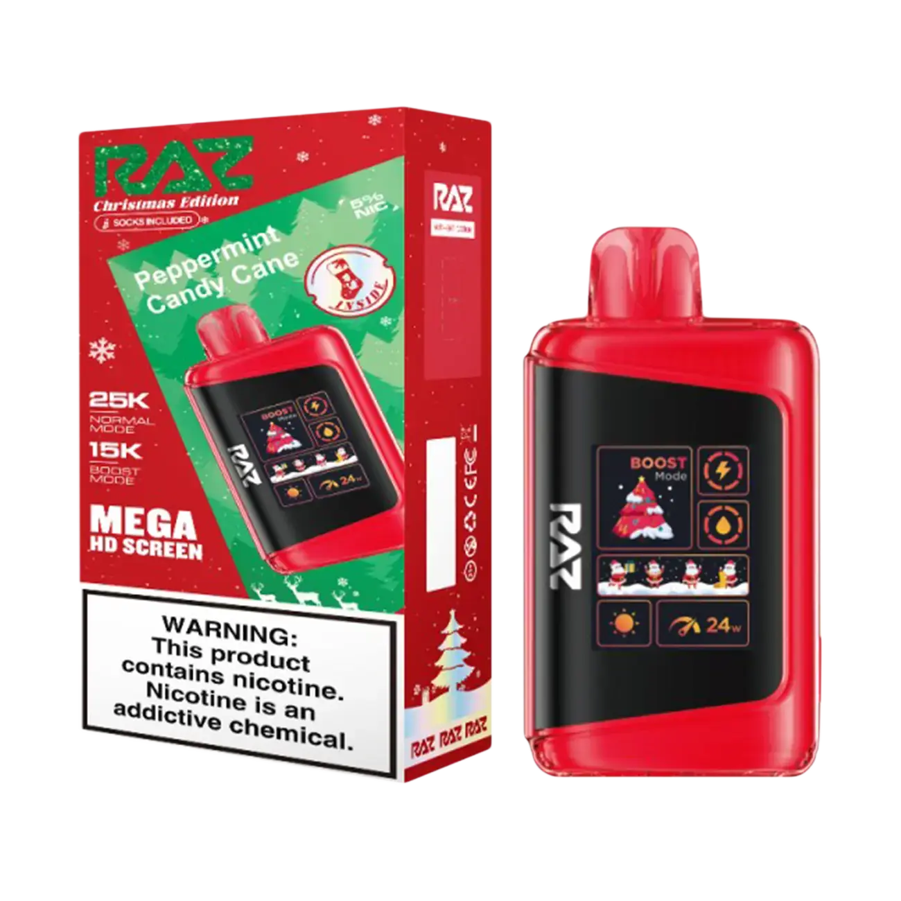 RAZ LTX Peppermint Candy Cane Christmas Edition 25K Disposable Vape – Limited Holiday Flavor, 25,000 Puffs, Dual Mesh Coil, 5% Nicotine, Rechargeable with Turbo Mode & LED Display – Cool Minty Sweetness
