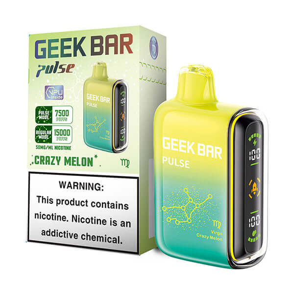 Geek Bar Pulse 15000 Crazy Melon – Virgo Edition | Disposable Vape | Up to 15,000 Puffs | Dual Mode (Turbo & Regular) | Sweet Melon Flavor | LED Screen | Rechargeable | 5% Nicotine Salt