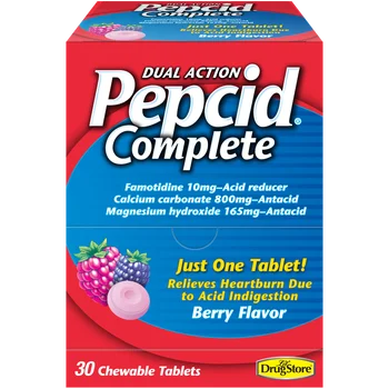 Pepcid Complete Chewable Tablets – Berry Flavor – 30 Count – Fast Heartburn Relief with Antacid + Acid Reducer – Dual Action for Indigestion & Acid Control