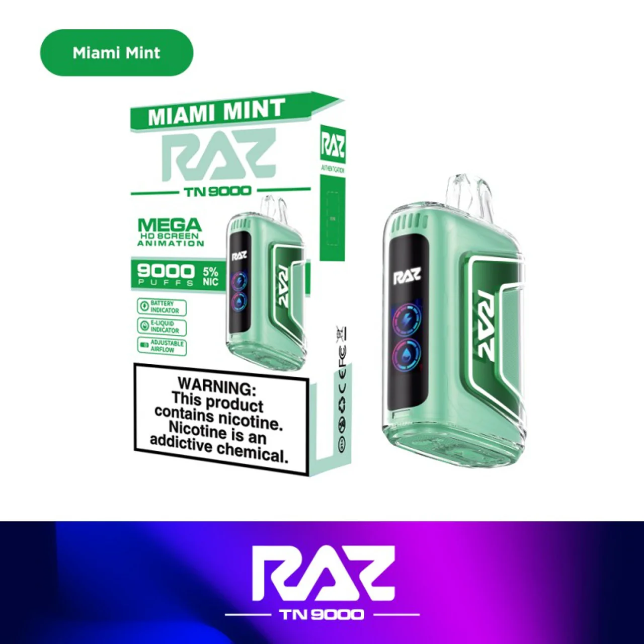 RAZ TN 9000 Miami Mint Disposable Vape – 9,000 Puffs, 5% Nicotine, Dual Mesh Coil, USB-C Rechargeable – Smooth & Refreshing Cool Mint Flavor