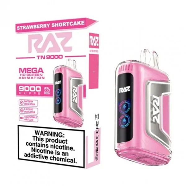 Raz TN9000 Puff Disposable Vape Strawberry Shortcake Flavor | Sweet Strawberry & Creamy Cake Blend 9,000 Puffs, USB-C Rechargeable, Pre-Filled E-Liquid | Dessert-Inspired Nicotine Vape Pen for Adults