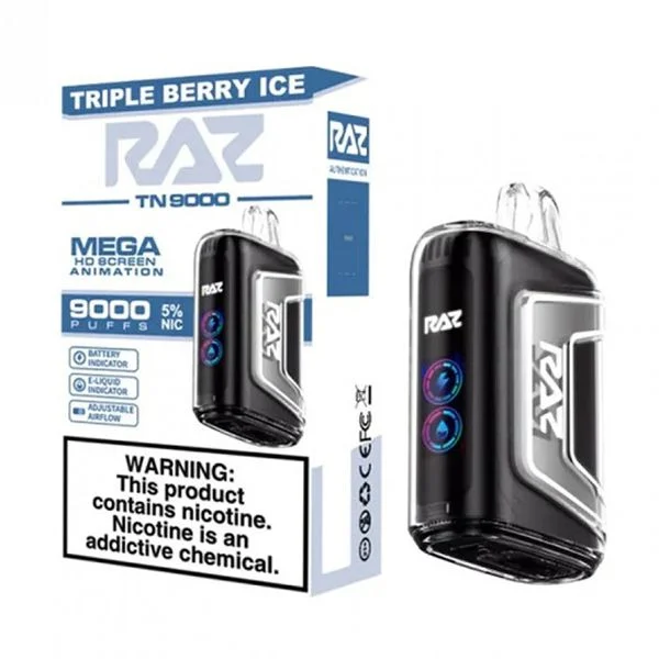 Raz TN9000 Puff Disposable Vape Triple Berry Ice Flavor | Mixed Berry & Menthol Blend 9,000 Puffs, USB-C Rechargeable, Pre-Filled E-Liquid | Cool, Fruity Nicotine Vape Pen for Adults