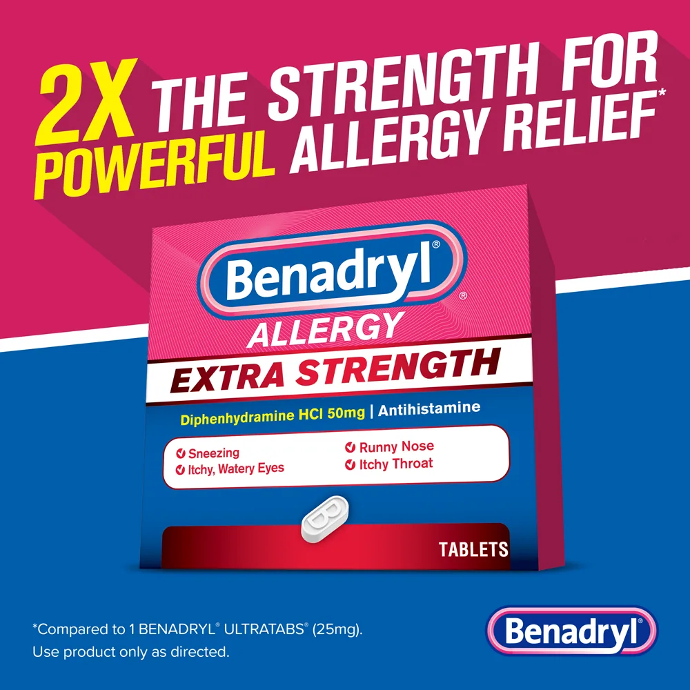 Benadryl Allergy Relief Tablets – Fast-Acting Antihistamine for Hay Fever, Sneezing, Itchy Eyes, Skin Allergies & Runny Nose – 24 Tablets