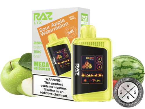 RAZ LTX Sour Apple Watermelon 25K Disposable Vape – 25,000 Puffs, Dual Mesh Coil, 5% Nicotine, USB-C Rechargeable, Turbo Mode, LED Smart Display – Tart Green Apple & Juicy Watermelon Blend