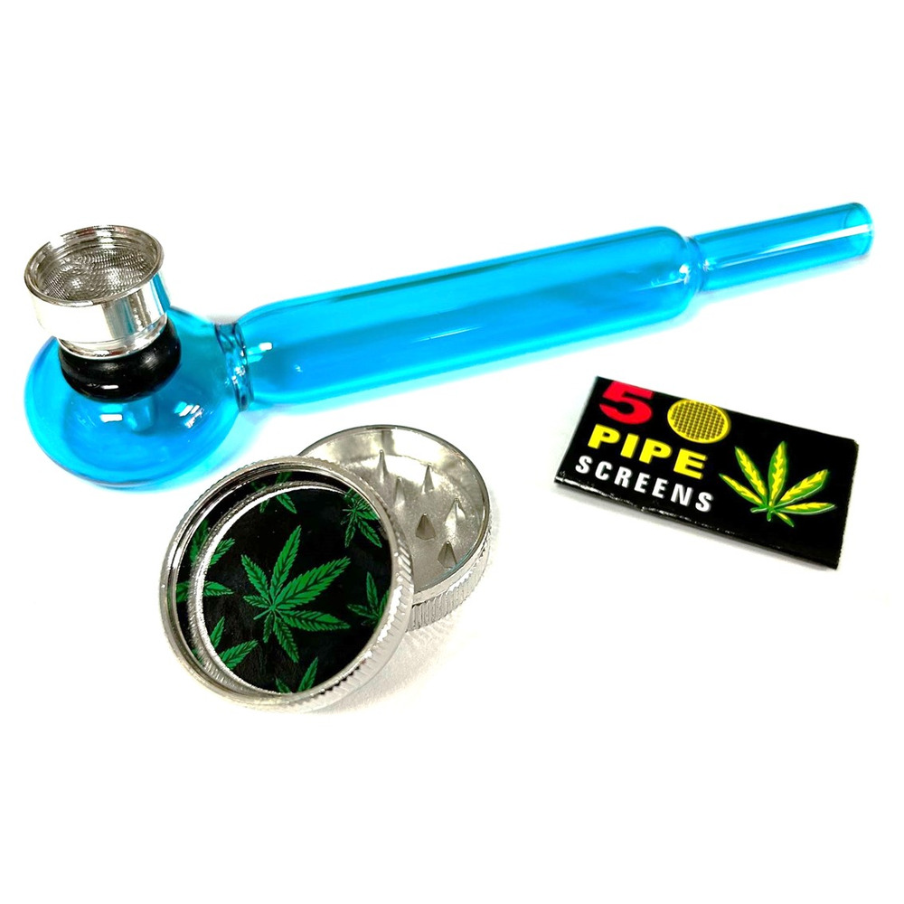 Glass Pipes and Herb Grinder Combo – 4" Hand-Blown Glass Smoking Pipe + 4-Piece Aluminum Alloy Grinder – Durable, Portable, Easy to Use – Ideal for Dry Herbs & Smoking Accessories Kit