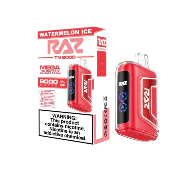 RAZ TN 9000 Watermelon Ice Disposable Vape – 9,000 Puffs, 5% Nicotine, Dual Mesh Coil, USB-C Rechargeable – Crisp Watermelon Flavor with a Cool Menthol Finish