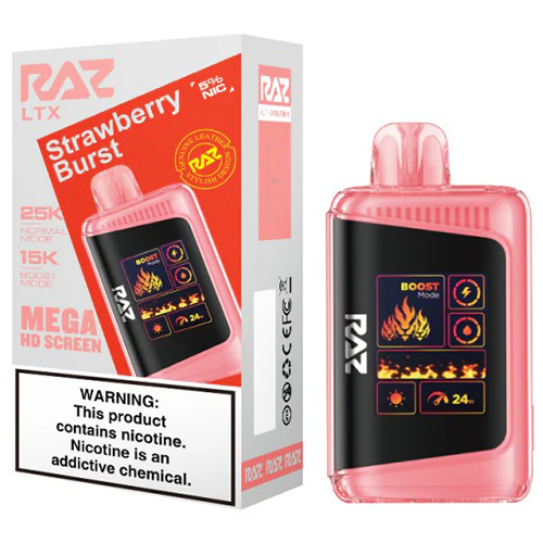 RAZ 25K Strawberry Burst Disposable Vape – 25,000 Puffs, Dual Mesh Coil, 5% Nicotine, Rechargeable E-Cigarette with LED Screen & Turbo Mode – Sweet & Juicy Strawberry Flavor, Long-Lasting Vape Device