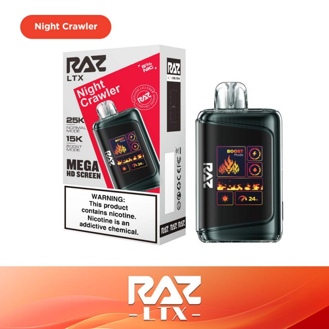 RAZ LTX Night Crawler 25K Disposable Vape – 25,000 Puffs, Dual Mesh Coil, 5% Nicotine, Rechargeable E-Cigarette with Turbo Mode & LED Smart Display – Sour Gummy Candy-Inspired Flavor
