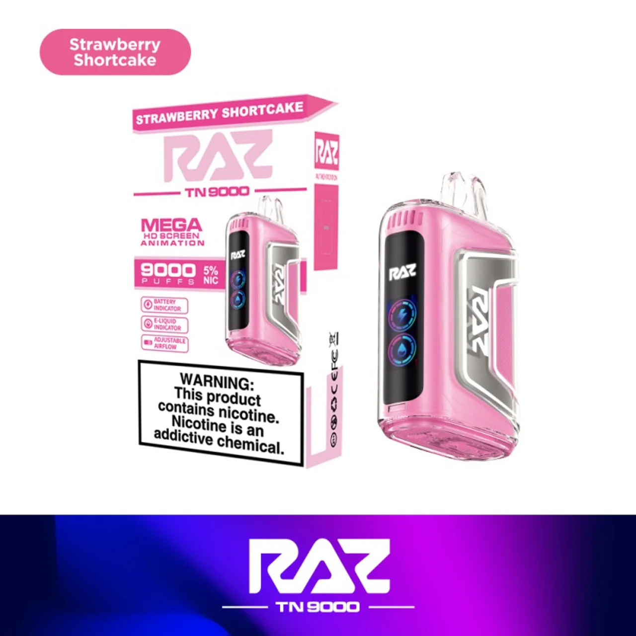 RAZ TN 9000 Strawberry Shortcake Disposable Vape – 9,000 Puffs, 5% Nicotine, Dual Mesh Coil, USB-C Rechargeable – Sweet Dessert Flavor with Creamy Strawberry Cake Notes