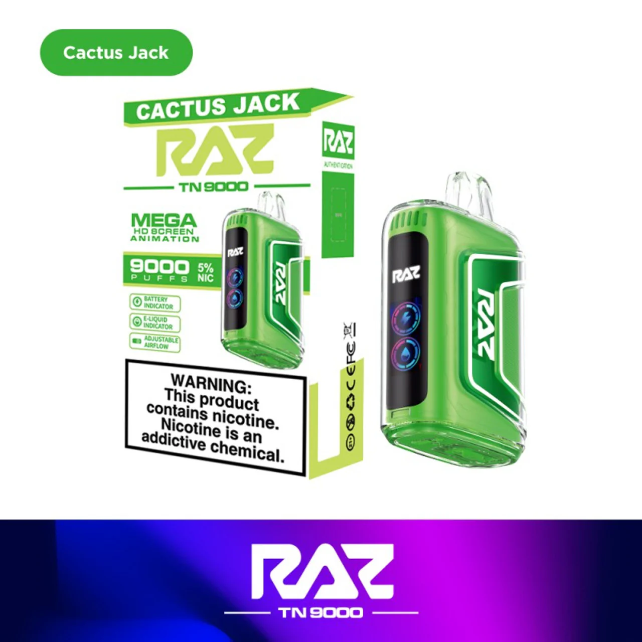 RAZ TN 9000 Cactus Jack Disposable Vape – 9,000 Puffs, 5% Nicotine, Dual Mesh Coil, USB-C Rechargeable – Exotic Cactus Fruit Flavor with Cool Menthol Finish