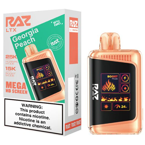 RAZ 25K Georgia Peach Disposable Vape – 25,000 Puffs, Dual Mesh Coil, 5% Nicotine, Rechargeable E-Cigarette with LED Screen & Turbo Mode – Sweet Peach Flavor with Icy Finish, High-Capacity Vape