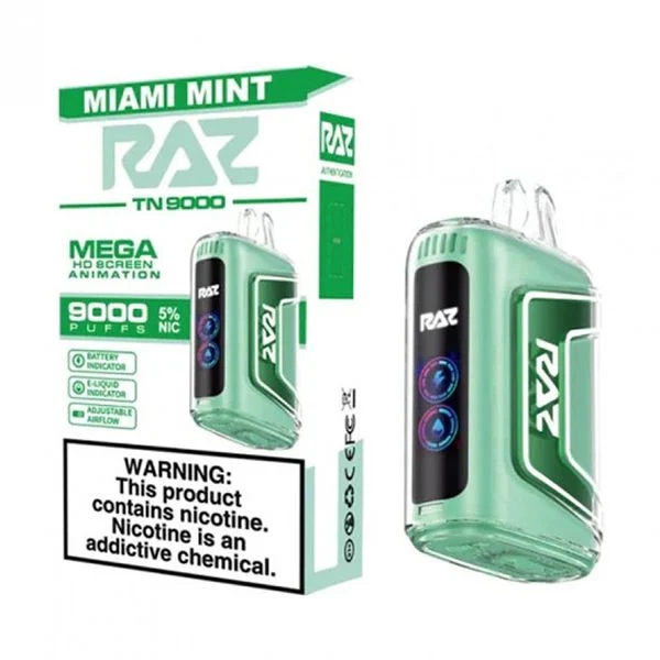 Raz TN 9000 Miami Mint Disposable Vape – 9000 Puffs, Rechargeable, Refreshing Mint Flavor, 5% Nicotine, Smooth Draw, Leak-Proof Design