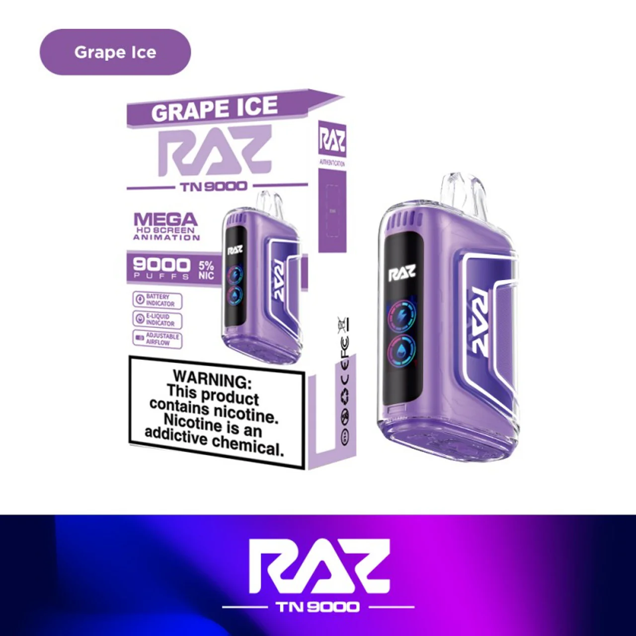 RAZ TN 9000 Grape Ice Disposable Vape – 9,000 Puffs, 5% Nicotine, Dual Mesh Coil, USB-C Rechargeable – Bold Grape Flavor with a Cool Menthol Finish
