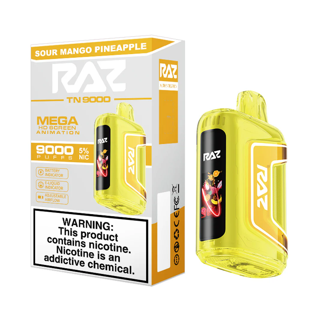 RAZ TN 9000 Sour Mango Pineapple Disposable Vape – 9,000 Puffs, 5% Nicotine, Dual Mesh Coil, USB-C Rechargeable – Tangy Tropical Fusion Flavor