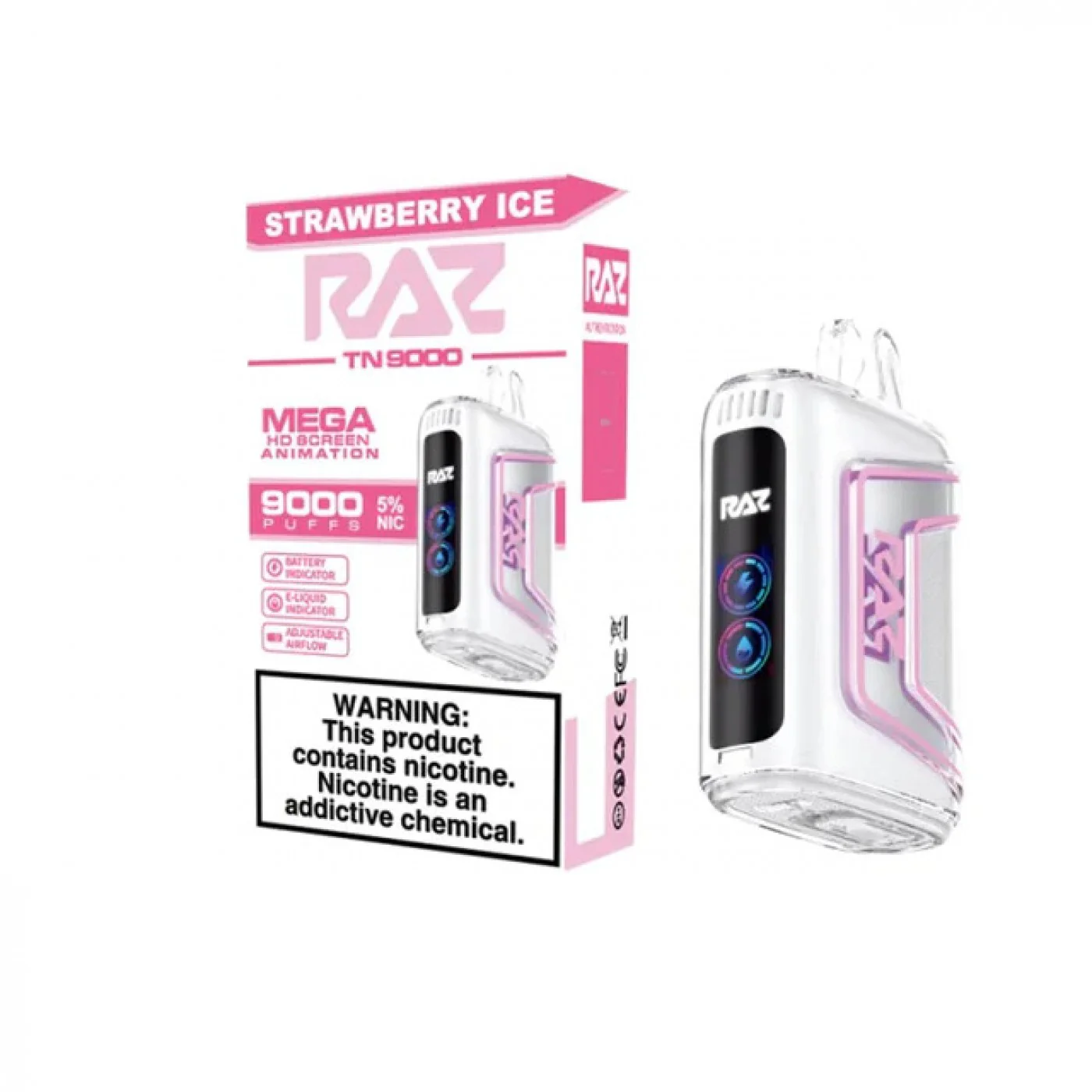 RAZ TN 9000 Strawberry Ice Disposable Vape – 9,000 Puffs, 0% Nicotine, Dual Mesh Coil, USB-C Rechargeable – Sweet Strawberry with Cool Menthol Flavor